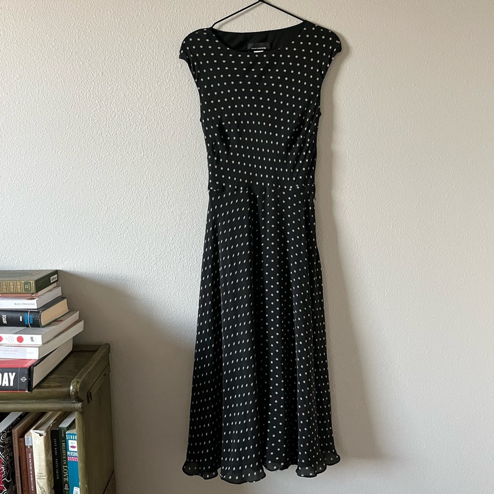 100% Silk Black Dotted Midi Dress